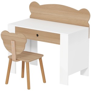 AIYAPLAY Kinderschreibtisch-Set mit Stuhl, Naturholz und Weiß, mit Schublade und Bären-Design.