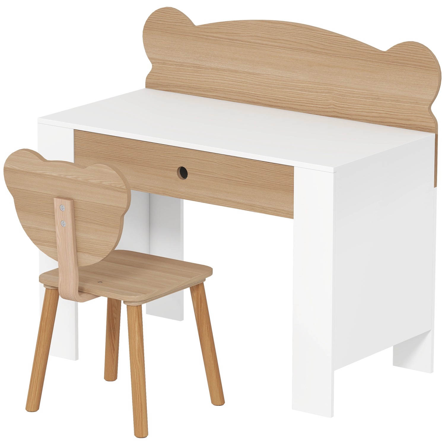 AIYAPLAY Kinderschreibtisch Set mit Tischplatte und Schublade Naturholz+Weiß