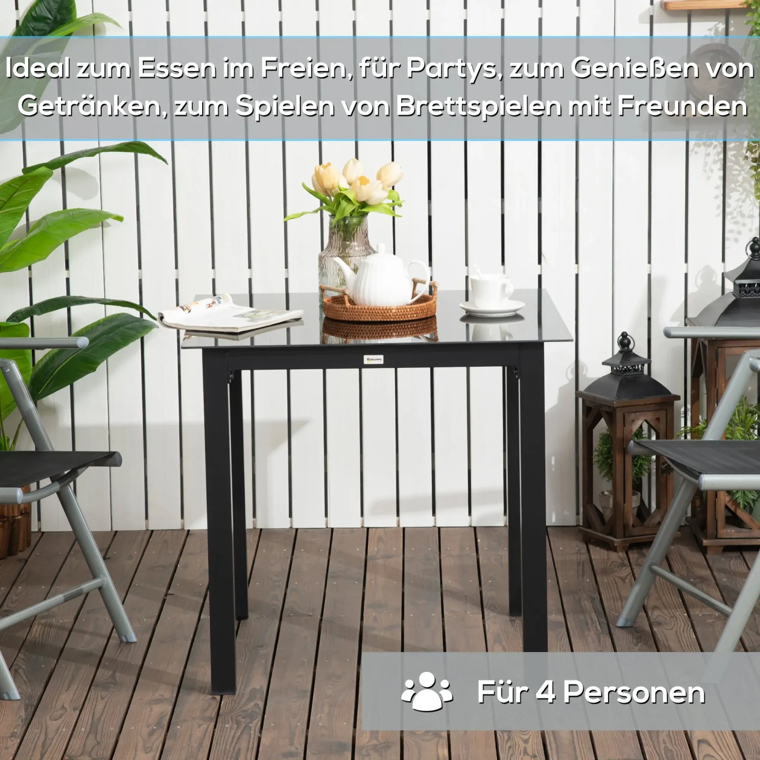 Outsunny Gartentisch mit Glasplatte, rustikale Optik, für 4 Personen.