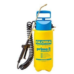 Gloria Drucksprühgerät Prima 5 Comfort, gelb/blau, mit Spiralschlauch und Messing-Sprühlanze.