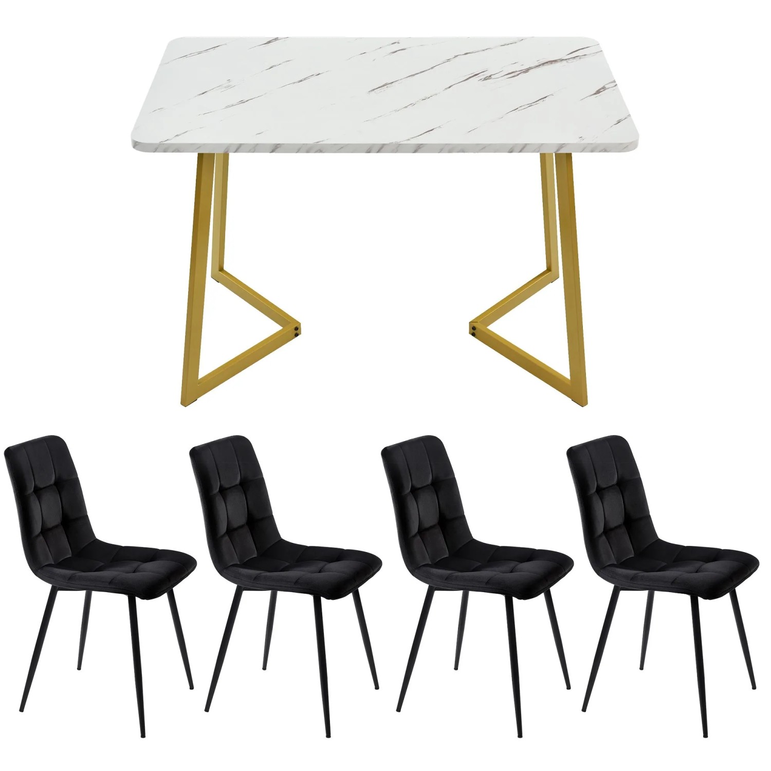 Merax Essgruppe 5-tlg mit 117cm Esstisch 4 Samtstühle Schwarz Tischbeine Gold_8