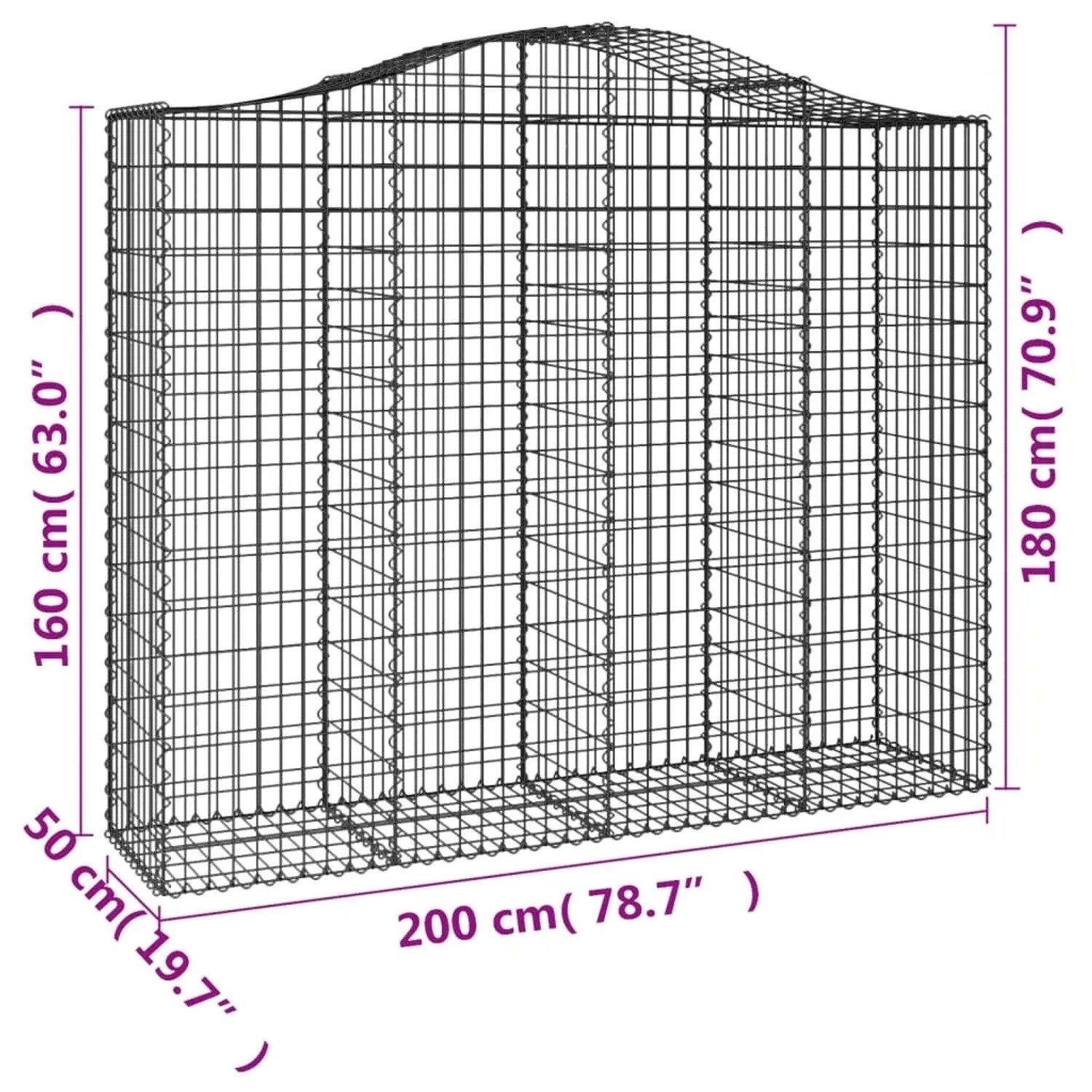 8er Set vidaXL Gabionen mit Hochbogen, 200x50x160/180cm, aus verzinktem Eisen für Hochbeete.