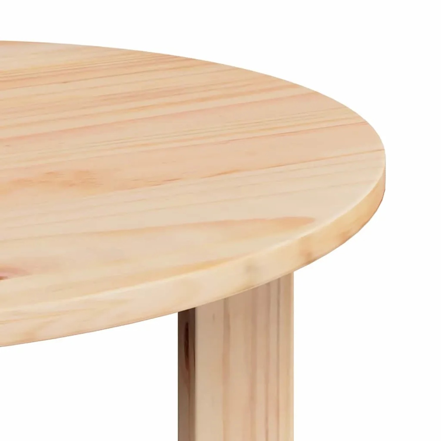 Detailansicht eines runden Couchtisches aus hellem Massivholz Kiefer mit sichtbarer Maserung. Natürliches Design.