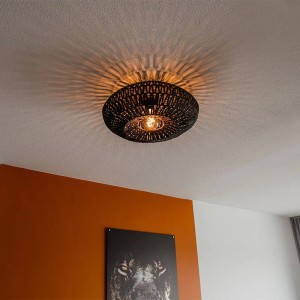 Schwarze QAZQA Retro-Deckenleuchte Lina, 50cm Durchmesser, mit dekorativem Seil.