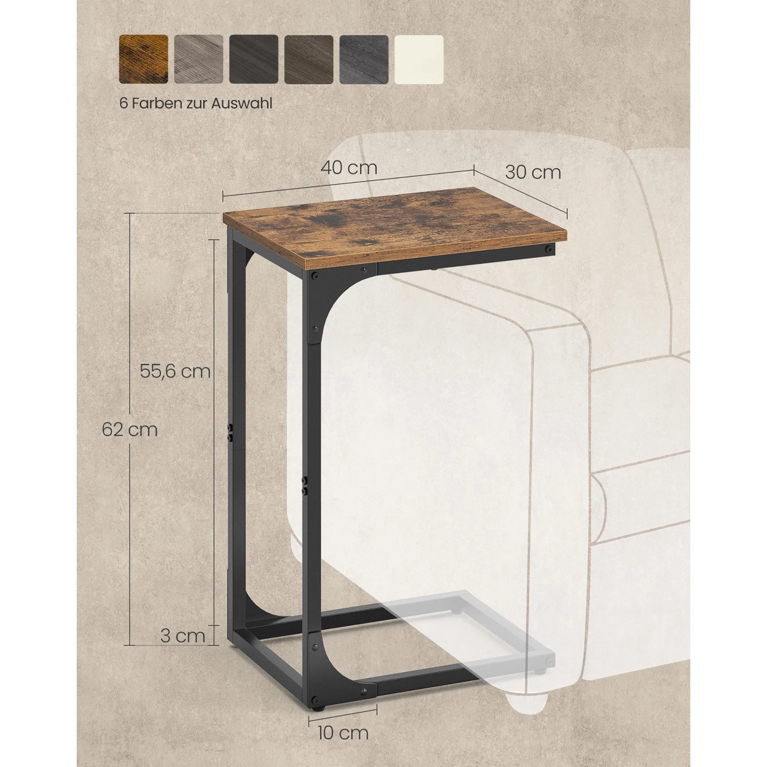 Vasagle Beistelltisch in C-Form, 62 cm hoch, braun-schwarz, mit Maßangaben.