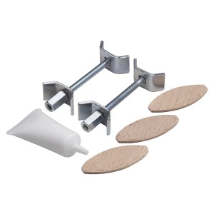 Spannelemente-Set für Arbeitsplatten: 2 Verbinder, Lamellos und Leimtube.