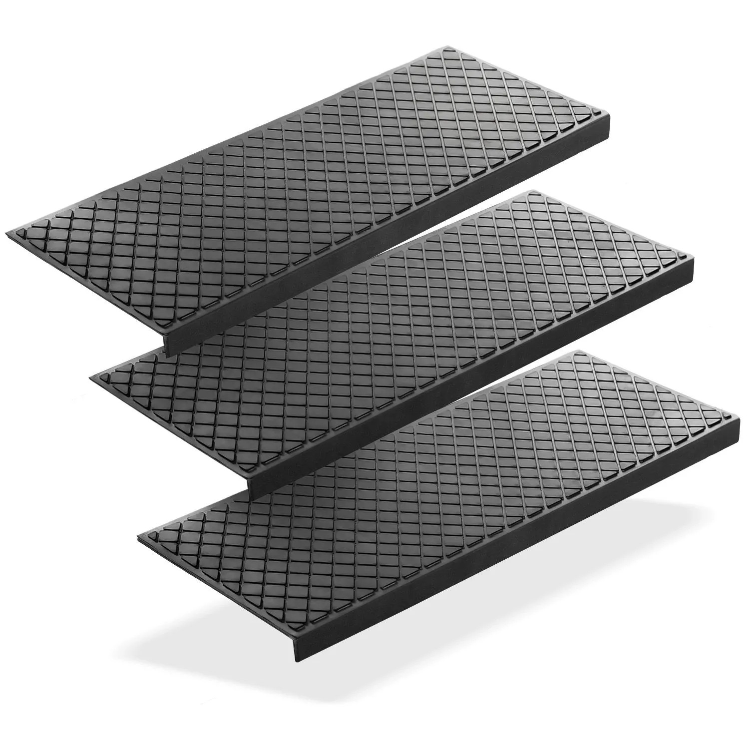Drei schwarze Gummi Stufenmatten mit Karo Design, 75x25cm. Rutschfeste Treppenmatten für Innen- und Außenbereich.