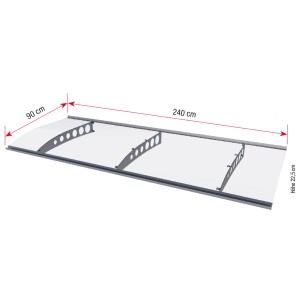 Pultvordach PT/ET Edelstahloptik/Klar, 240x90cm, mit Acrylglasabdeckung und Edelstahlhalterung.