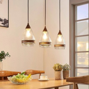 Lindby Millina Pendelleuchte, 3-flammig, braunes Glas im Retro-Vintage-Stil.