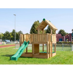 Hy-Land Spielgerät P5 aus Kiefernholz mit grüner Rutsche und Kletterwand für Kinder.