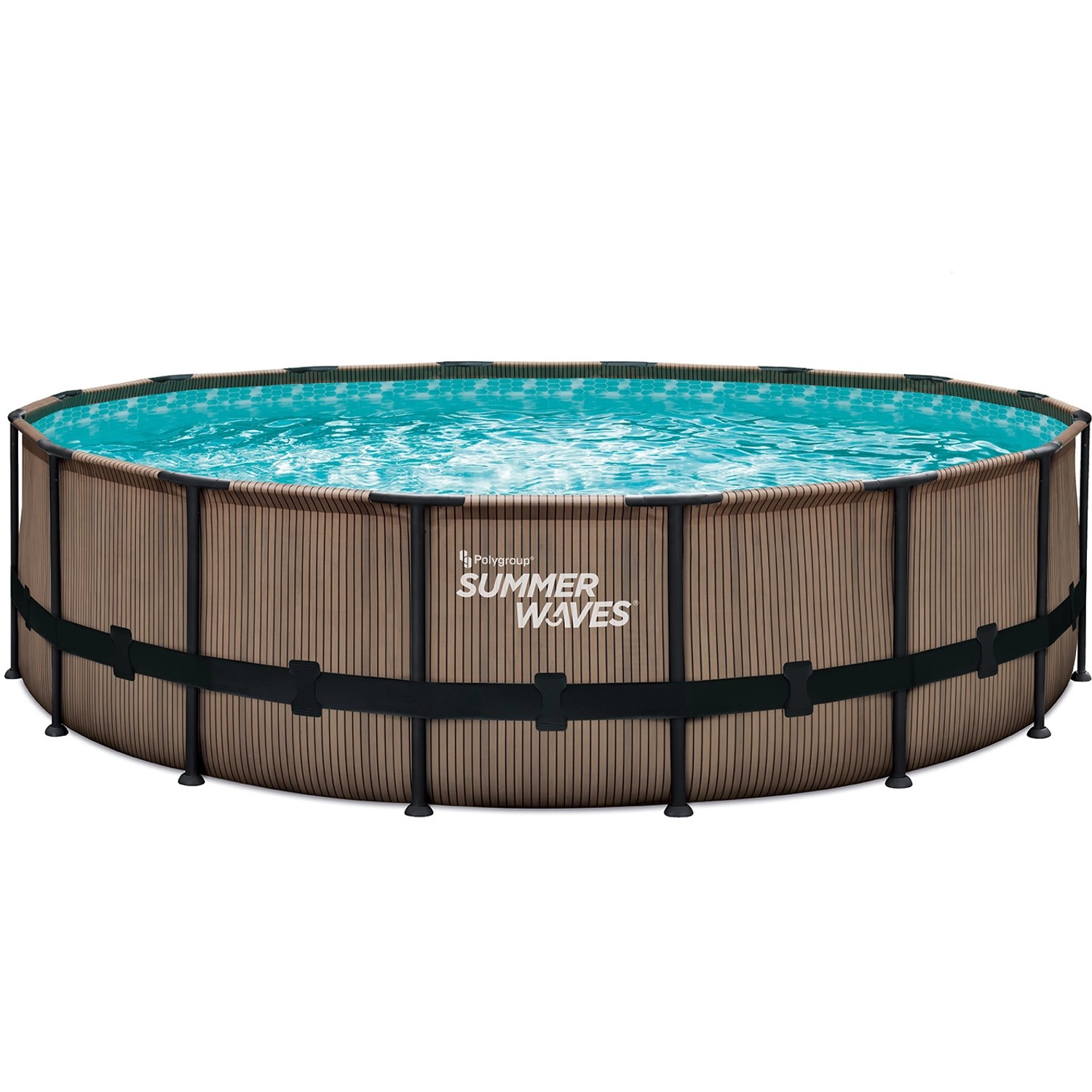 Summer Waves Pool Elite Teak, Ø 488 cm, Stahlrahmenpool mit Teak-Optik und blauem Wasser.