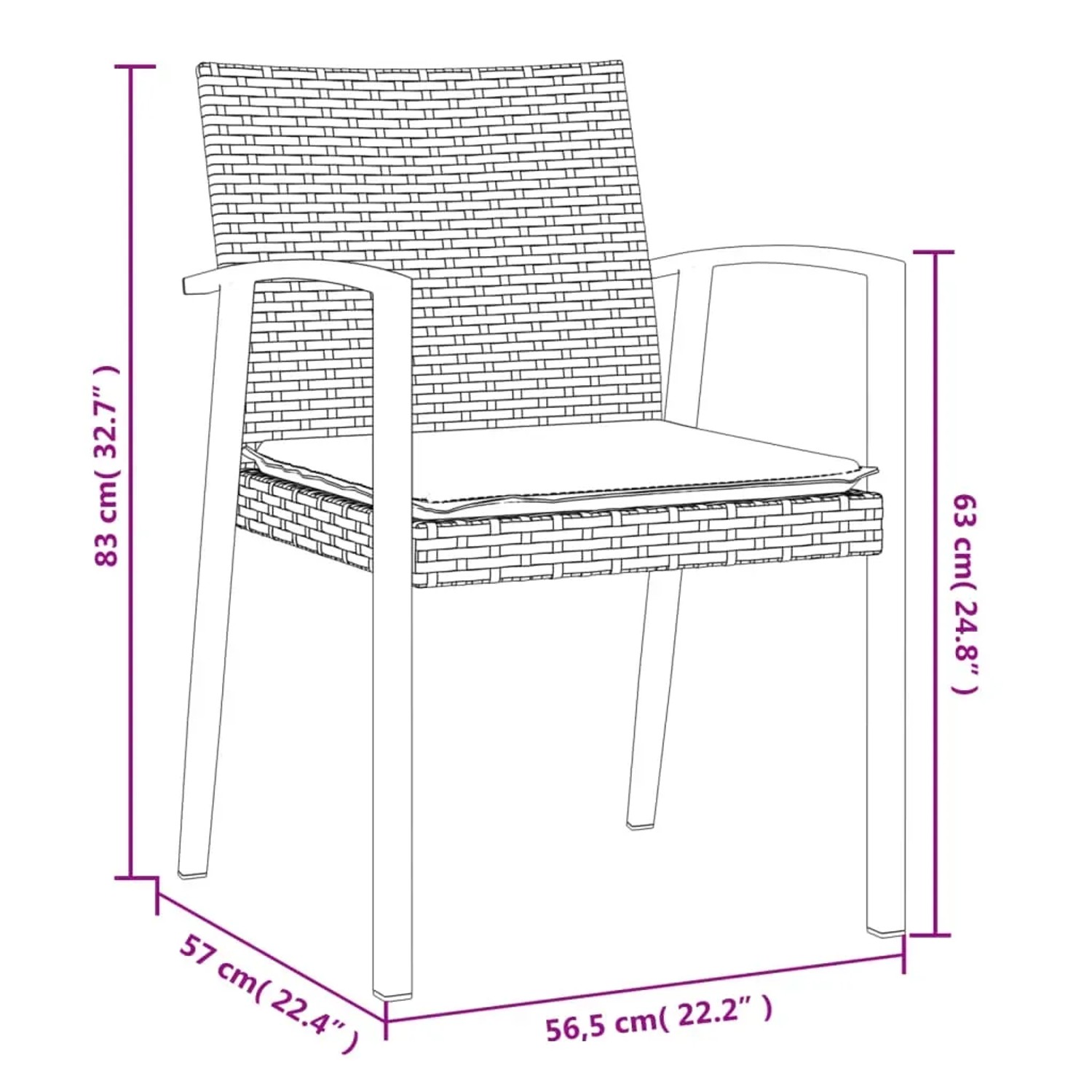 vidaXL Gartenstuhl mit Kissen, Poly Rattan, Stahl, Abmessungen