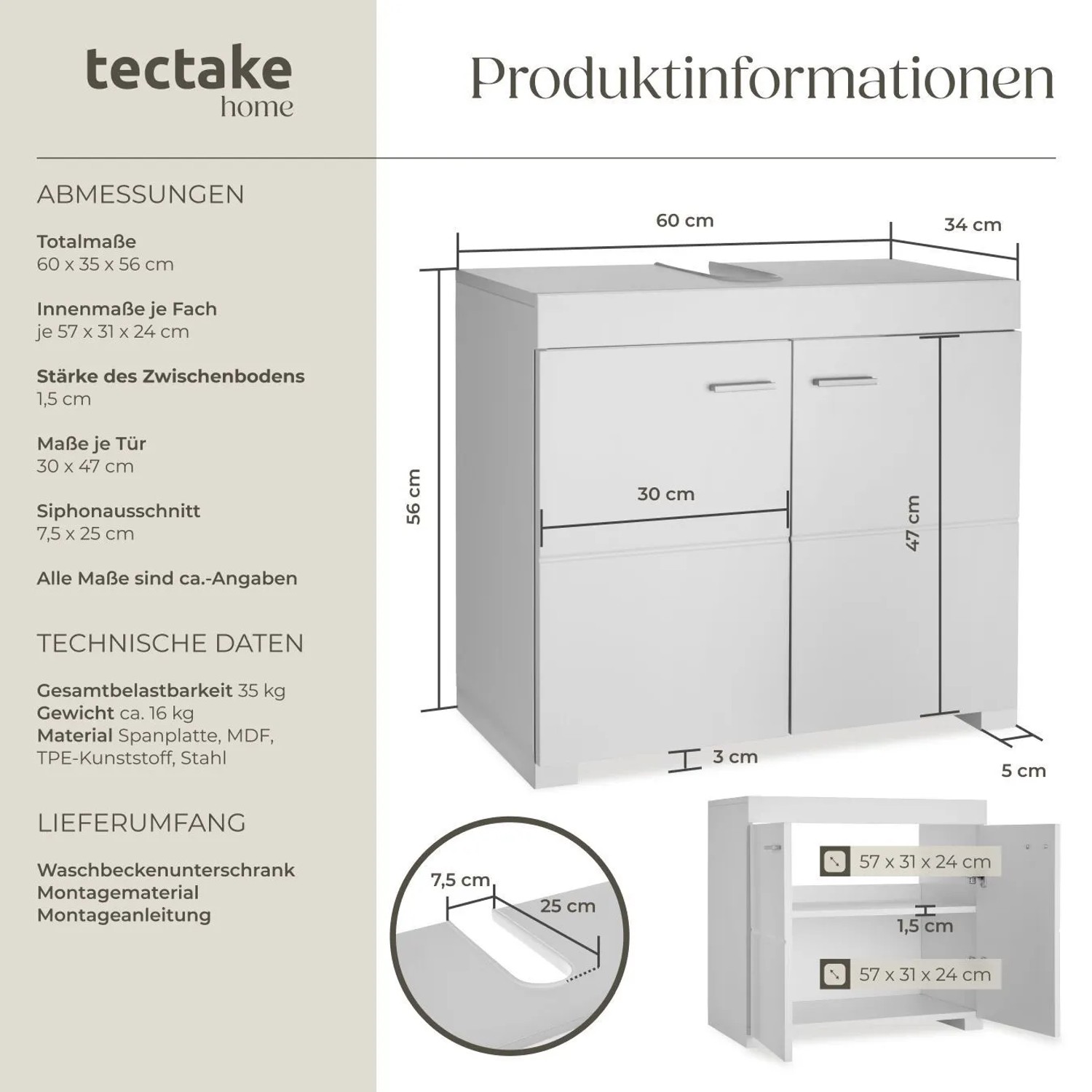 Tectake Waschbeckenunterschrank Idris, weiße Spanplatte/MDF, Maße und Details.
