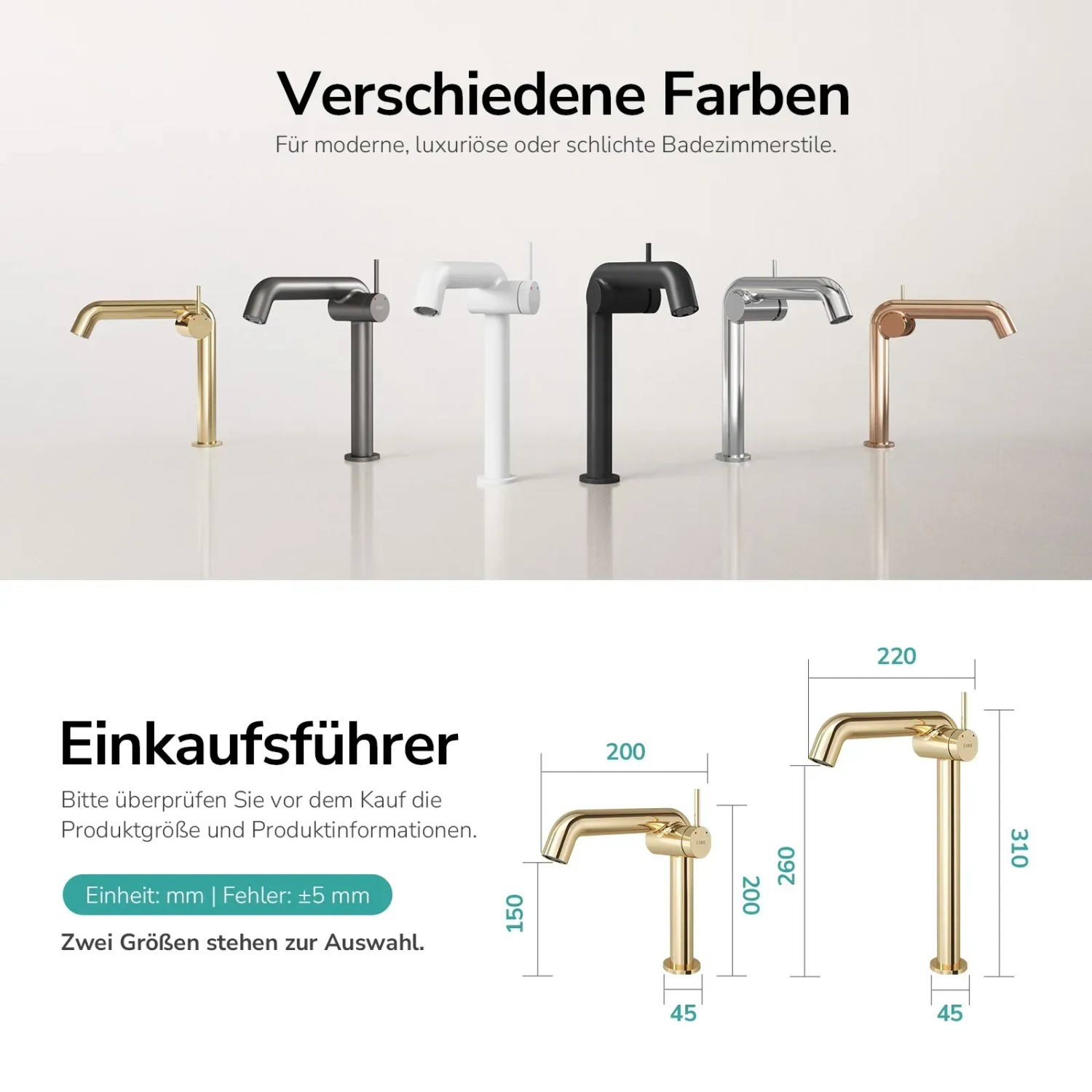 Emke Wasserhahn Bad in verschiedenen Farben und Größen. Waschtischarmatur für moderne Bäder.
