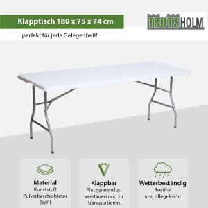 Weißer TRUTZHOLM Klapptisch 180x75 cm aus Kunststoff und Stahl, ideal als Gartentisch.