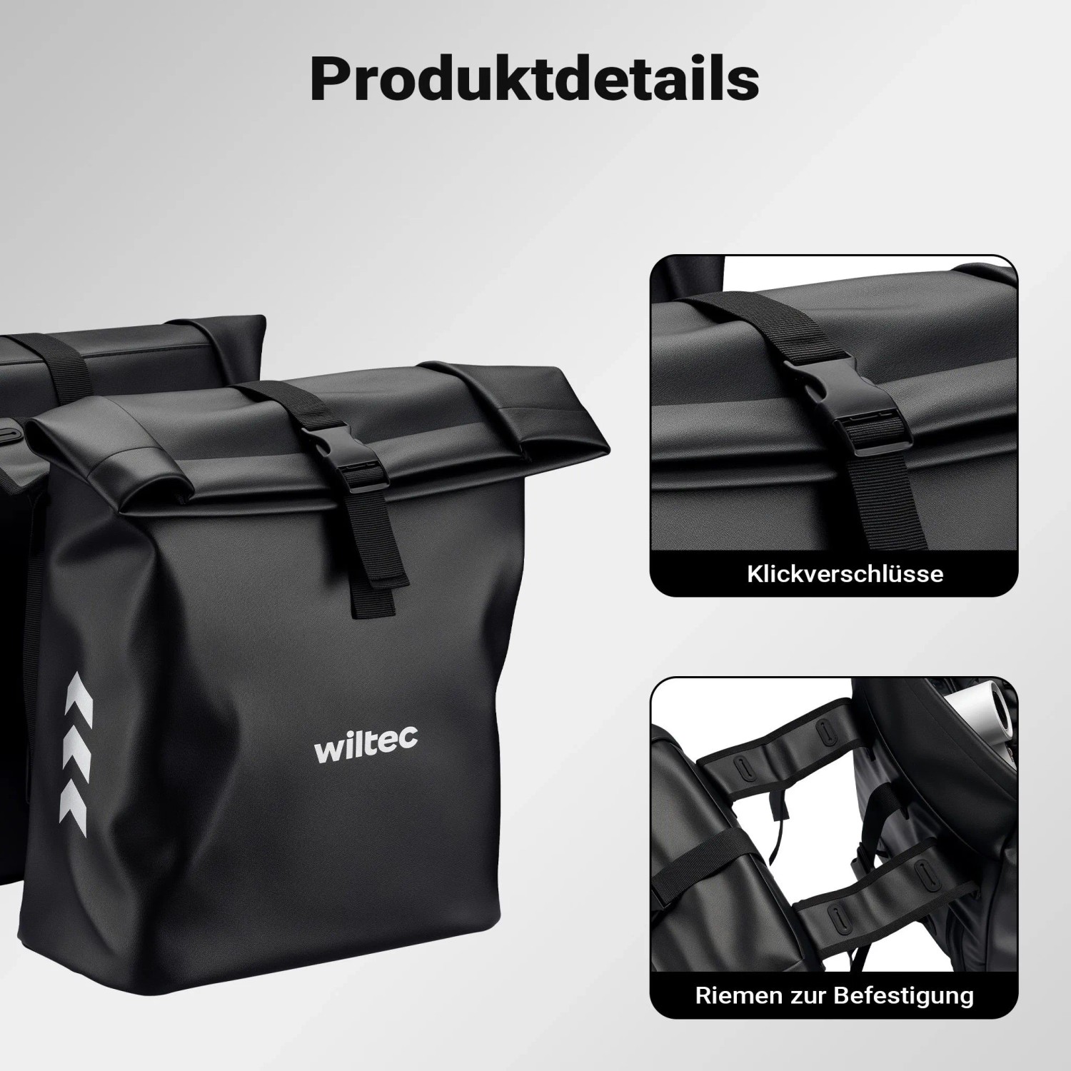 Schwarze Wiltec Doppeltasche für Gepäckträger mit Rollverschluss, Klickverschlüssen und Befestigungsriemen. Wasserfeste Fahrradtasche.