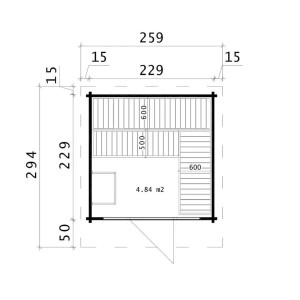 Grundriss der Finntherm Gartensauna Lupoa-44, naturbelassen, mit Maßen und Anordnung der Bänke.