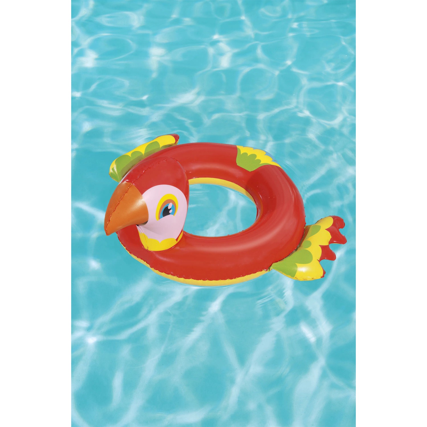 Bestway Schwimmring im Tierdesign, roter Papagei auf blauem Wasser.