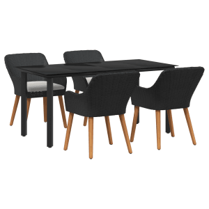 Schwarzes 5-teiliges Garten Esstischset aus Poly-Rattan von vidaXL mit rechteckigem Tisch und vier Stühlen.