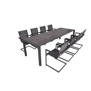 DELUKE Garten-Sitzgruppe HAUKE 9-tlg. Kunststoff Grau Gartenmöbel-Set Garten-Essgruppe Freischwingerstühle B Esstisch Ausziehbar