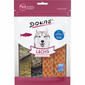 Dokas Lachs Streifen 100g, Hunde-Snack aus getrocknetem Lachs, reich an Omega-3-Fettsäuren.