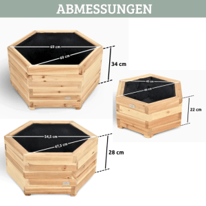 DELUKE 3er Set Pflanzkasten Holz 6-eckig MICHA mit Vlies und Handschuhe Pflanzkübel Tannenholz Blumenkasten Blumenkübel Terrasse