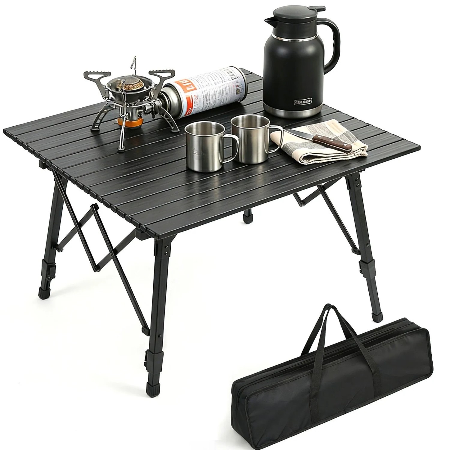 Sekey klappbarer Campingtisch aus Aluminium, höhenverstellbar, mit Zubehör und Tragetasche.