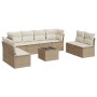 Beige 9-teilige Garten-Sofagarnitur aus Polyrattan mit Kissen und Tisch.