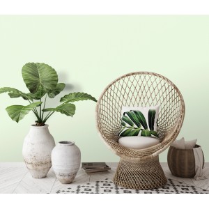 Helle, grüne Vliestapete von Erismann, ELLE Decoration. Uni-Tapete im Wohnraum mit Sessel und Pflanzen.