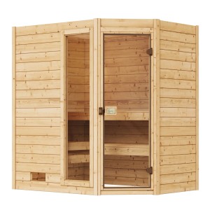 Weka Massivholzsauna Valida Eck mit Glastür, naturbelassenes Fichtenholz.