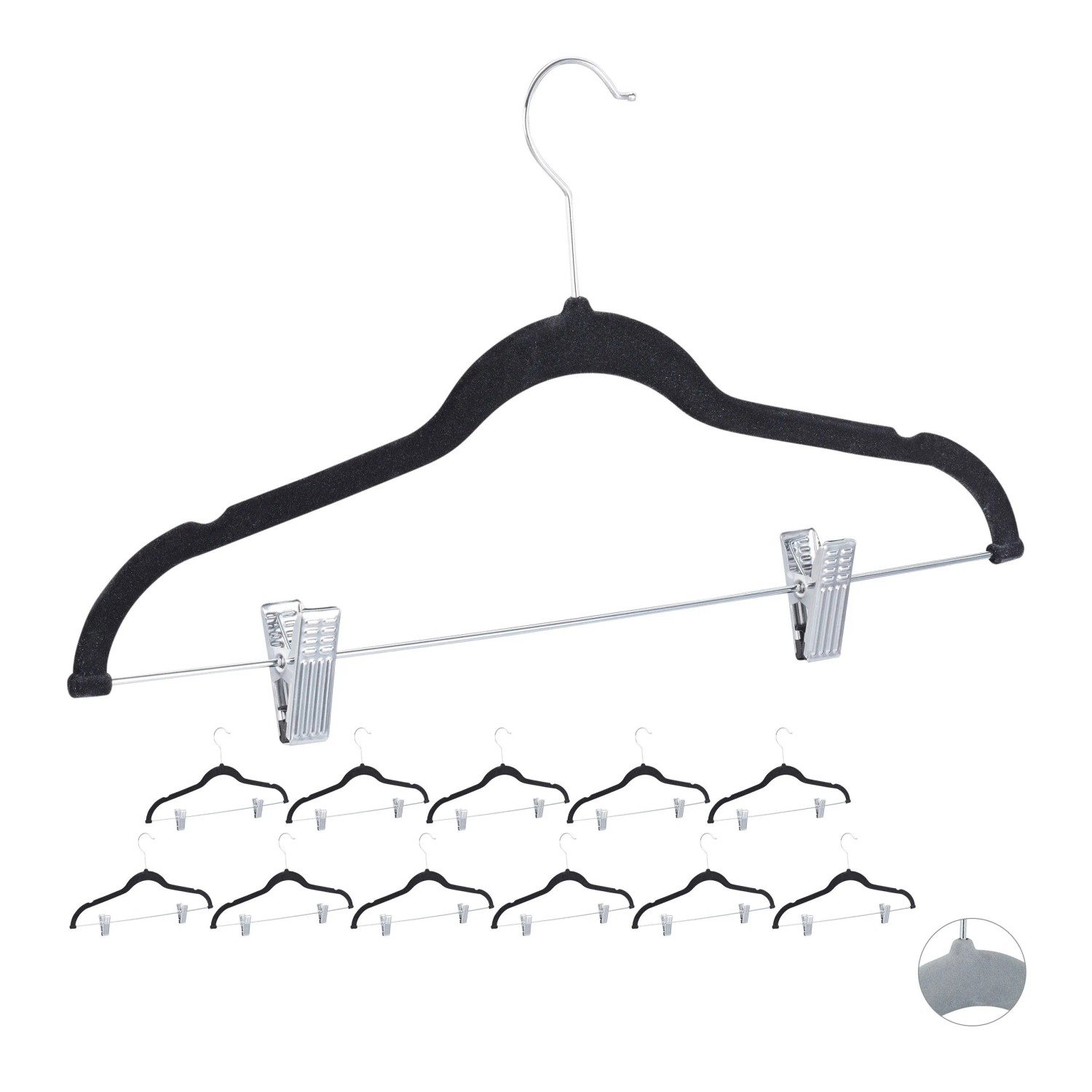 Relaxdays Samtbügel mit Clips 12er Set Metall Schwarz Rutschfest 22,5 cm x 43 cm x 2,8 cm 95 g