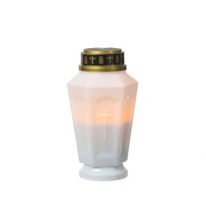 5er Set weiße LED Grablichter mit flackerndem, orangem Licht und Timer, Höhe 15,5 cm.