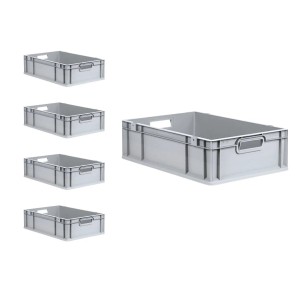 5er Set graue PROREGAL Euroboxen NextGen mit Scharnierdeckel, 34 Liter, für Lagerung und Transport.