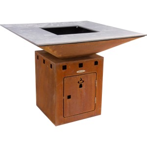 Remundi Feuerplatte Cube L Basic: Quadratische Feuerschale mit Grillplatte und Sockel mit Tür.