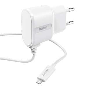 Weißes Hama Ladegerät mit Lightning-Anschluss (5W, 1m) für Smartphones.