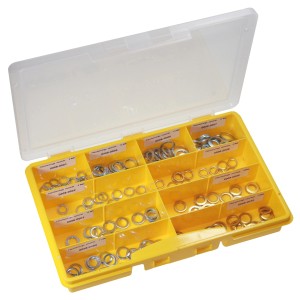 Basi Fitschenringe Sortimentskasten, 200-teilig, verzinkt und vermessingt, zur Anpassung von Türblättern.