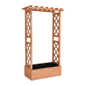Hellbrauner Blumenkasten aus Tannenholz mit hohem Rankgitter und Dach. Ideal für Kletterpflanzen auf Balkon & Terrasse.