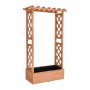Hellbrauner Blumenkasten aus Tannenholz mit hohem Rankgitter und Dach. Ideal für Kletterpflanzen auf Balkon & Terrasse.
