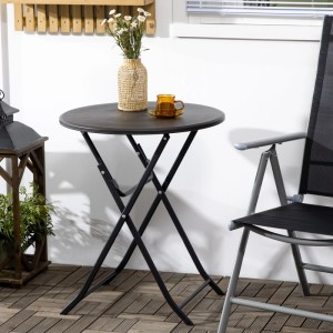 Runder Outsunny Gartentisch dunkelgrau, klappbar, Stahlrahmen, Holzoptik-Platte auf Terrasse. Ø60x73cm.