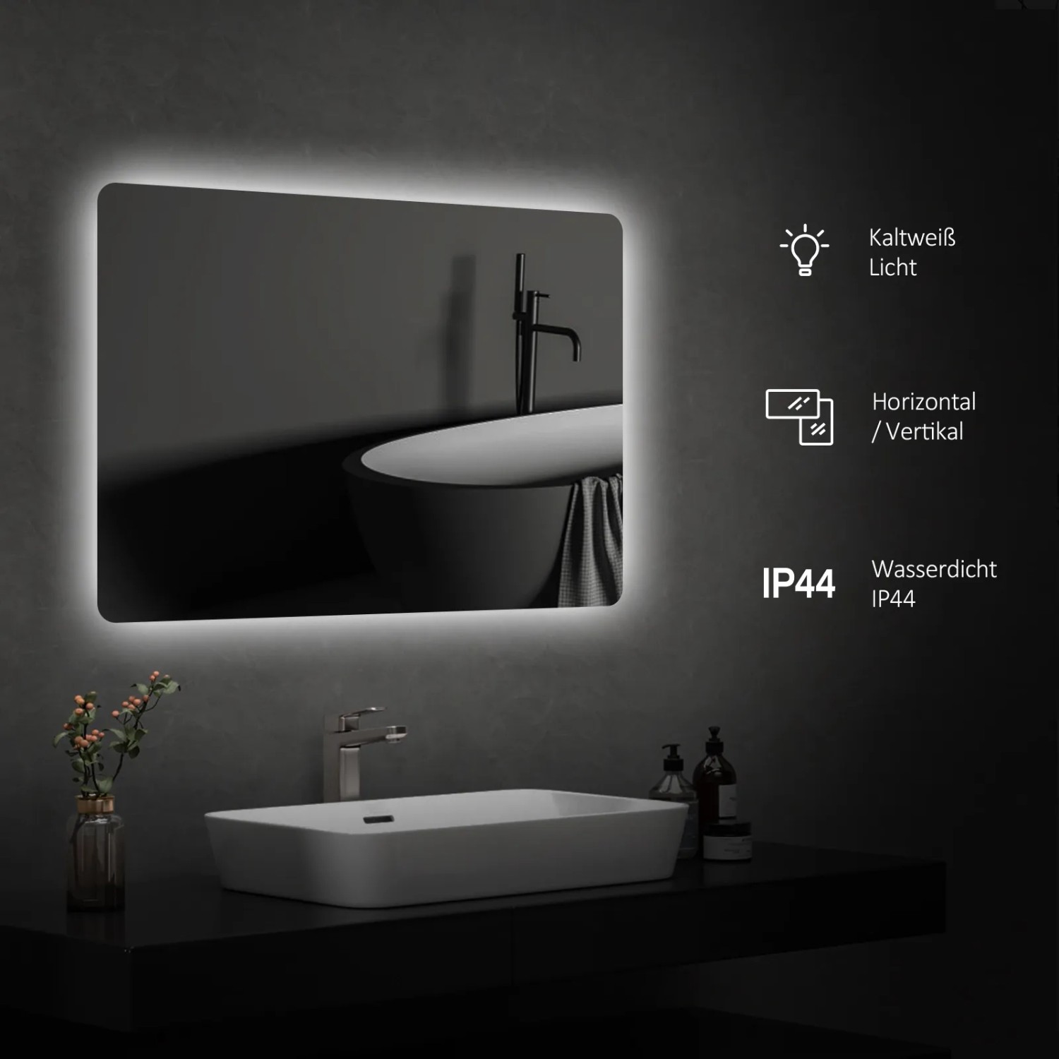 Rechteckiger Emke Badspiegel mit LED-Beleuchtung, Kaltweiß, 80x60 cm, mit Wandschalter.