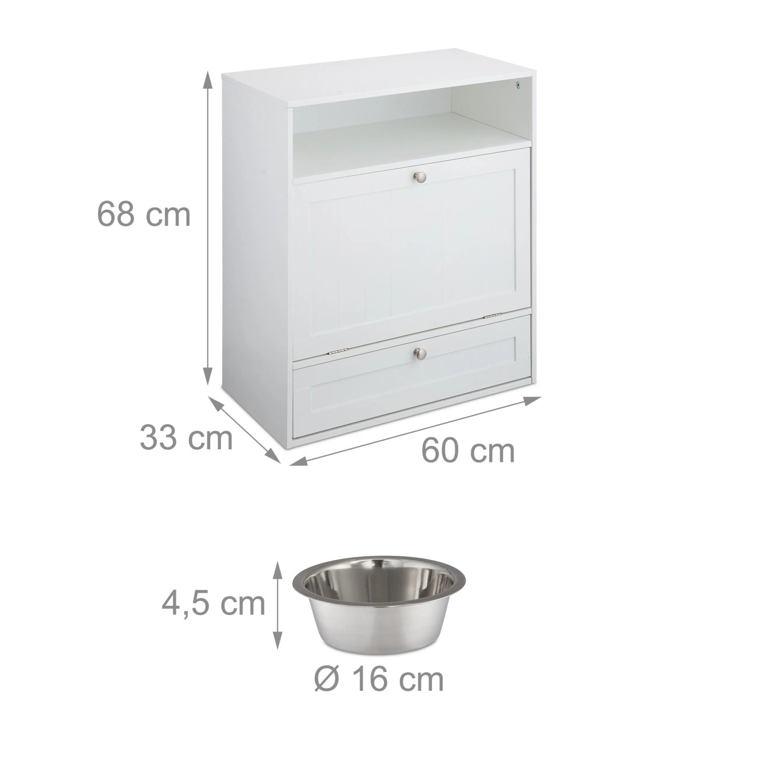 Relaxdays Futterschrank Hunde MDF Edelstahl Weiß Silber Mit Kippfach Kippschutz 68 cm x 60 cm x 33 cm 18,2 kg_4