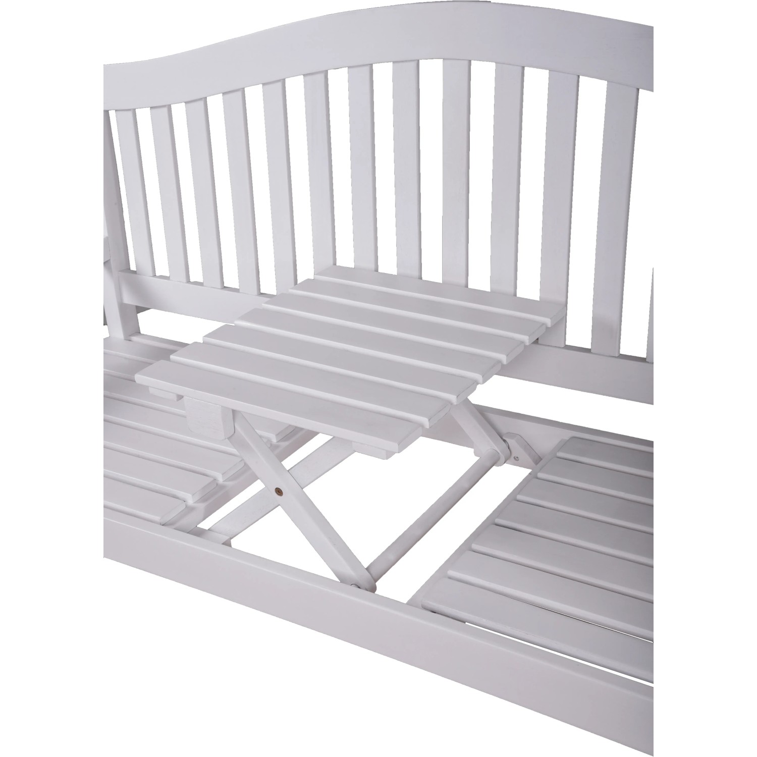 Weiße Garden Pleasure Gartenbank Singapur mit hochklappbarem Tisch aus FSC®-Holz.