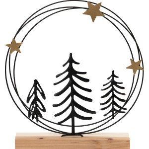 Weihnachtlicher Deko-Kranz aus Eisen mit Holzfuß, ca. 26 cm, mit Sternen und Tannenbaum Motiven.