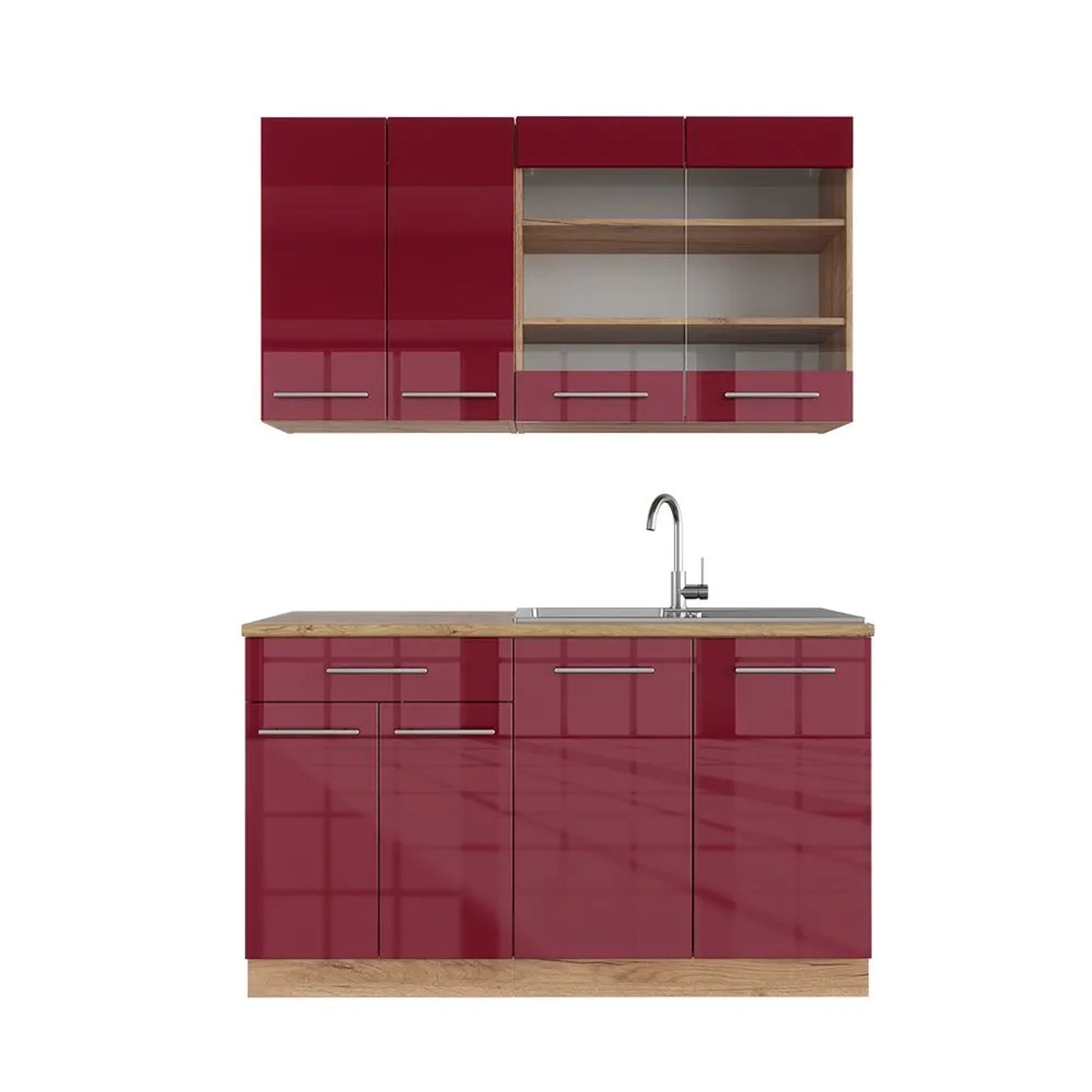 Vicco Fame-Line Singleküche Bordeaux Hochglanz Goldkraft Eiche 140 cm ohne Arbeitsplatte ohne E-Geräte