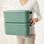 Zwei Rotho Albula Aufbewahrungsboxen (12 l) in Mistletoe Green gestapelt.