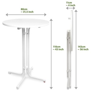 Weißer runder Beautissu Sylt Stehtisch, ø 80 cm, 110 cm hoch, aufgebaut und platzsparend geklappt. Ideal für Garten & Party.