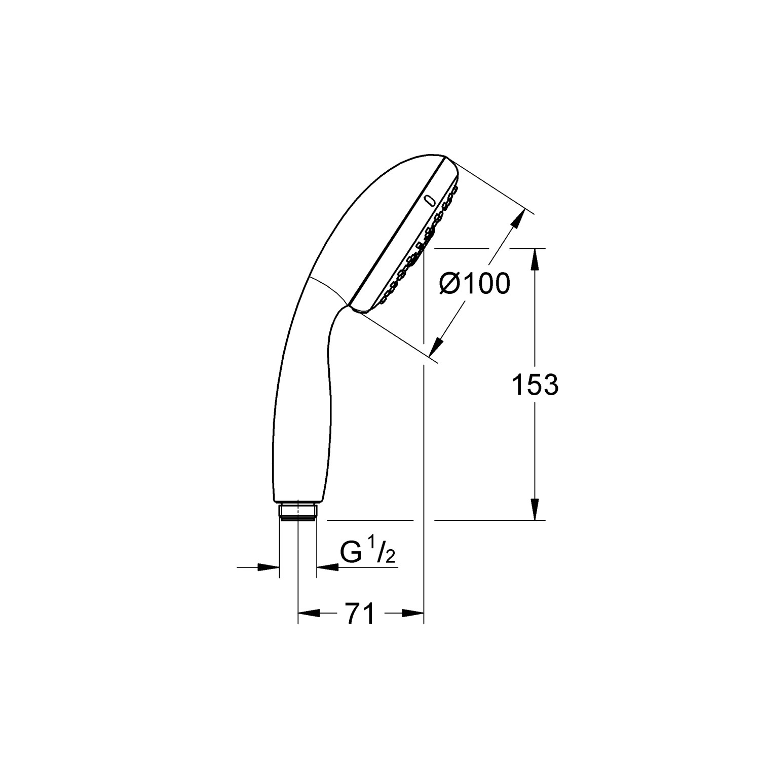 Technische Zeichnung der Grohe QuickFix Handbrause Vitalio Start 100 Chrom mit Maßen.
