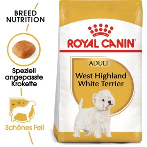 Royal Canin West Highland White Terrier Adult Trockenfutter 1,5kg Packung mit Westie Abbildung.