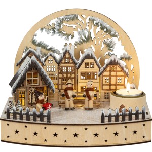 HGD Mini-Lichterbogen Rehe mit LED und Teelichthalter aus Holz, 22x15x18cm.