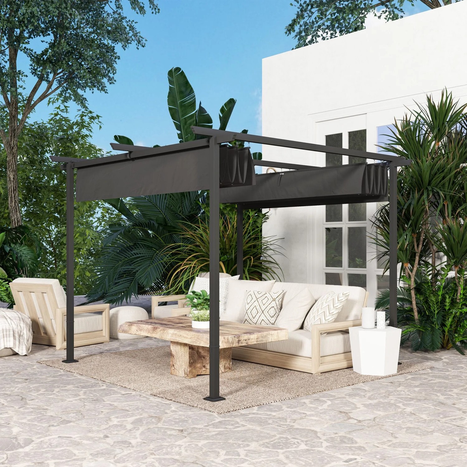 Dunkelgraue Furnicato Gartenpergola 3x3m mit verstellbarem Sonnendach und Metallrahmen auf Terrasse.